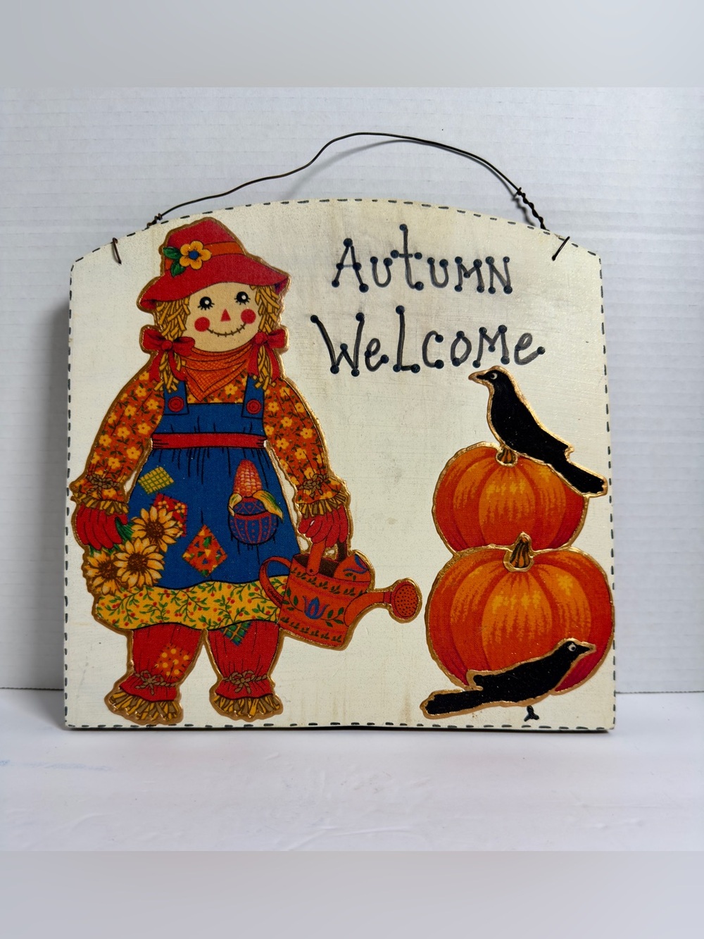 Vintage Hand-Painted Wooden Autumn Welcome Sign Scarecrow Fall Decor